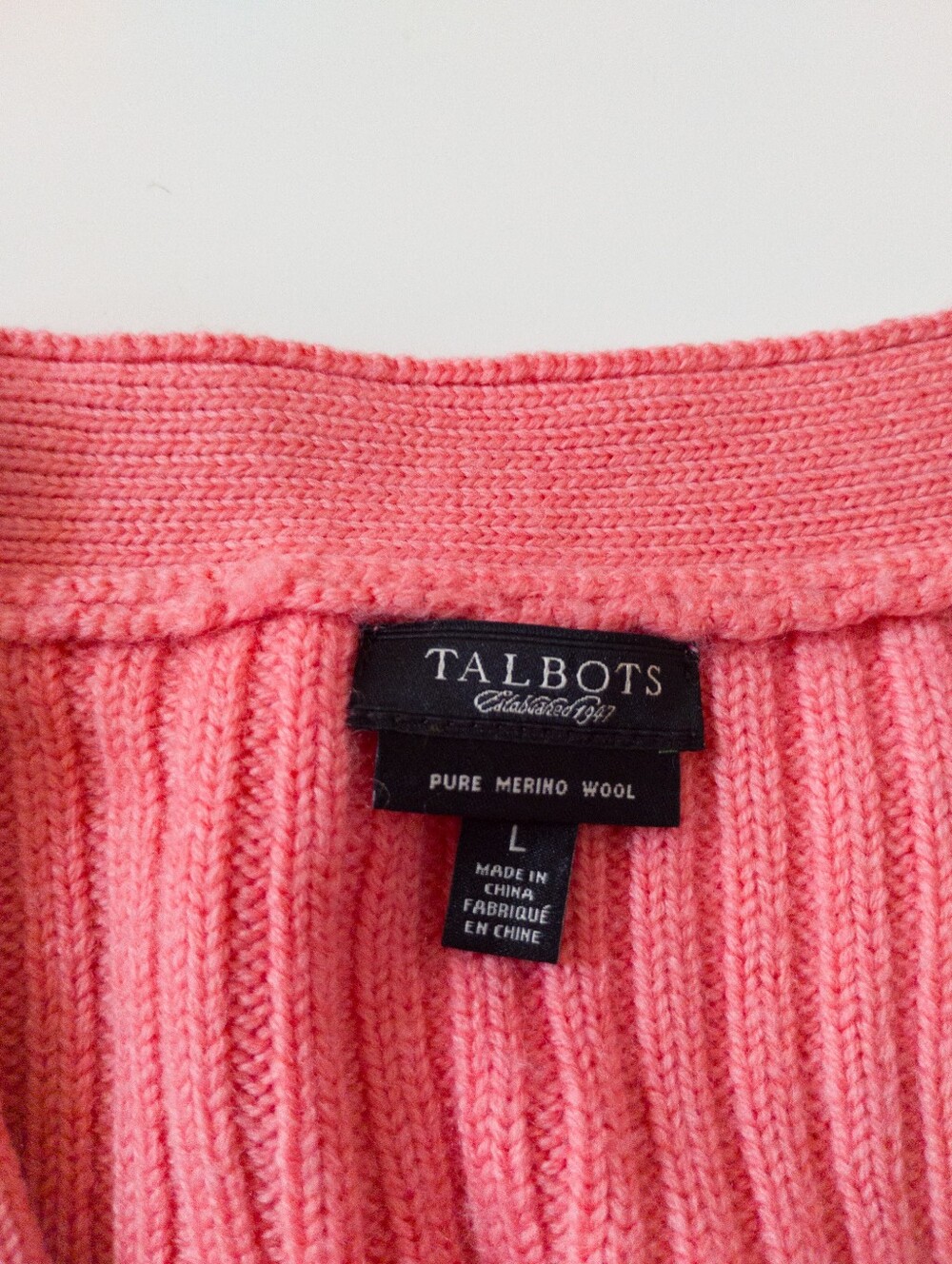 Talbots 100% Pure Merino Wool V-Neck Ribbed Cardigan Sweater Coral Pink Large - Picture 2 of 6